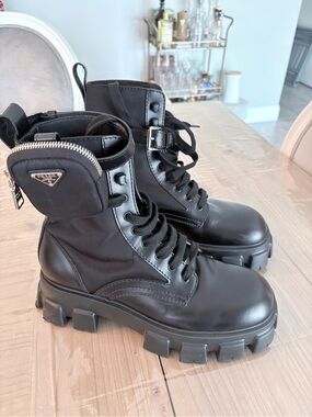 Prada Black Lug-Sole Combat Boots with Detachable Zip Pouch